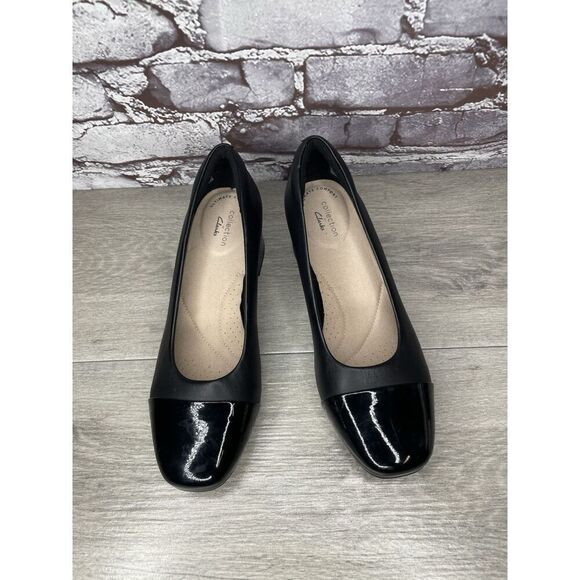 Clarks Marilyn Black Leather Patent Cap Toe Pump Heels Shoes Women Sz 8M US/39EU - Picture 13 of 16